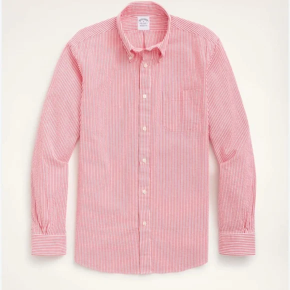 NWT Brooks Brothers Red and white Striped Men's seersucker Shirt - Picture 1 of 5